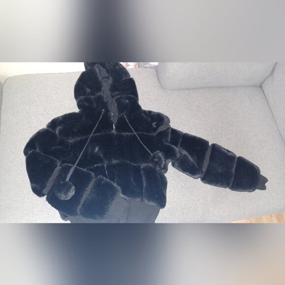 Faux Fur Fluffy Winter Puffer Pom poms fur fuzzy coat jacket zip up fluffy y2k - Picture 1 of 4